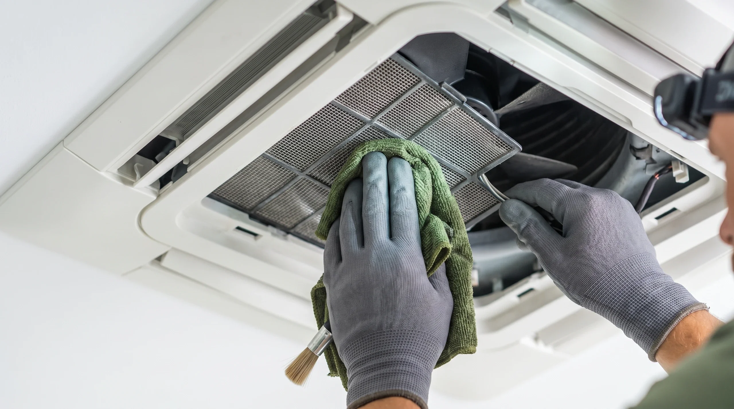 Czyszczenie klimatyzacji – technik w rękawicach przeciera filtr kasetonowej jednostki sufitowej