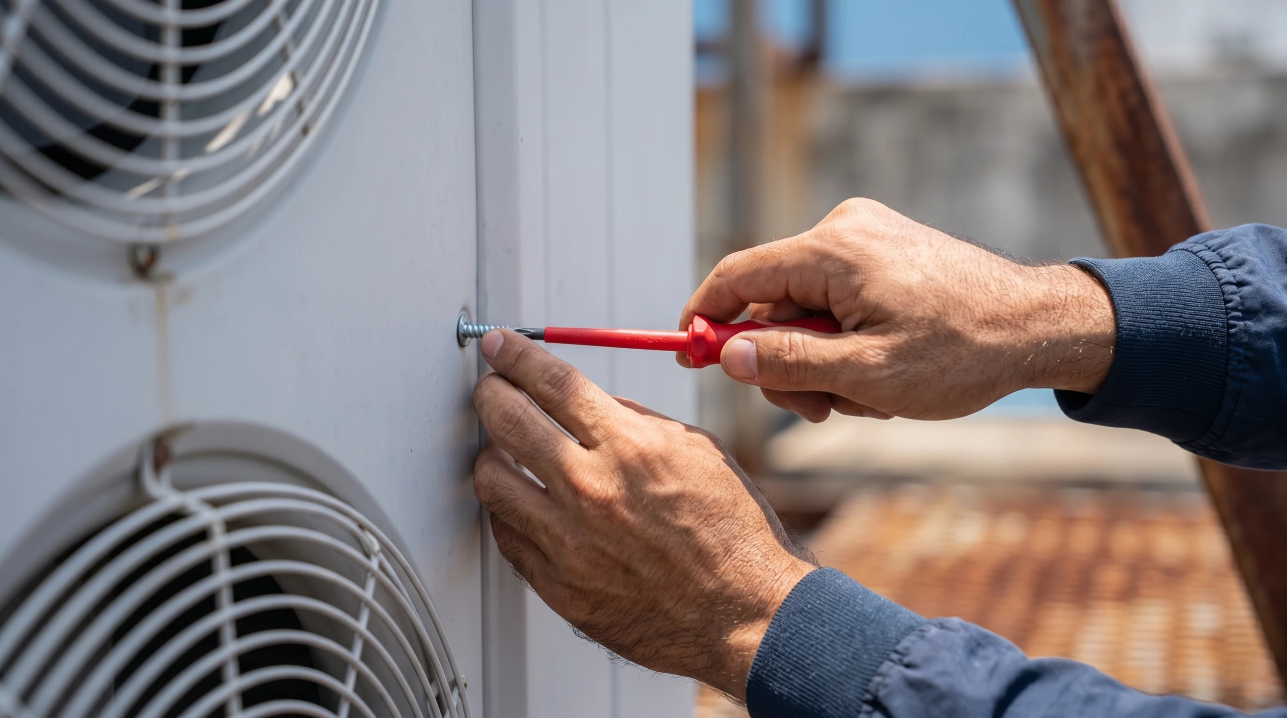 Serwis klimatyzacji: technik przykręca śrubę w zewnętrznej jednostce split